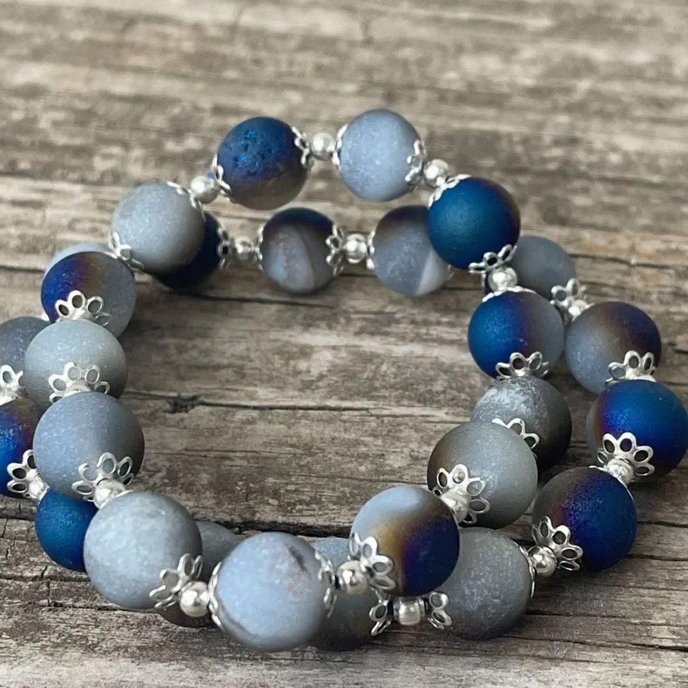 Druzy Peacock Aura Agate Crystal 10mm NEW blue purple white gold bracelet ONE st